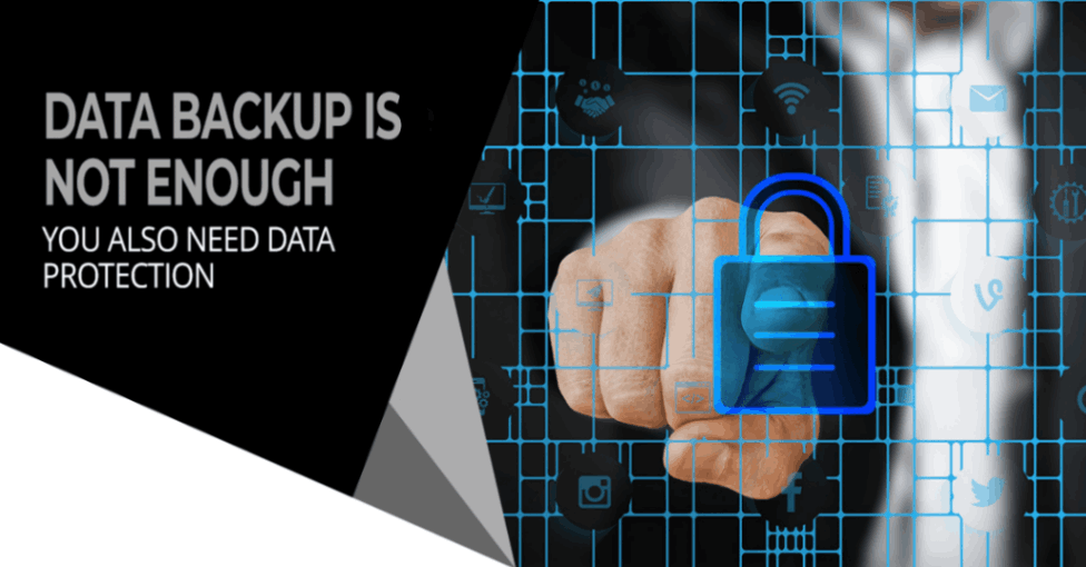 a man holding a padlock in his hand with the words data backup is not enough you also need